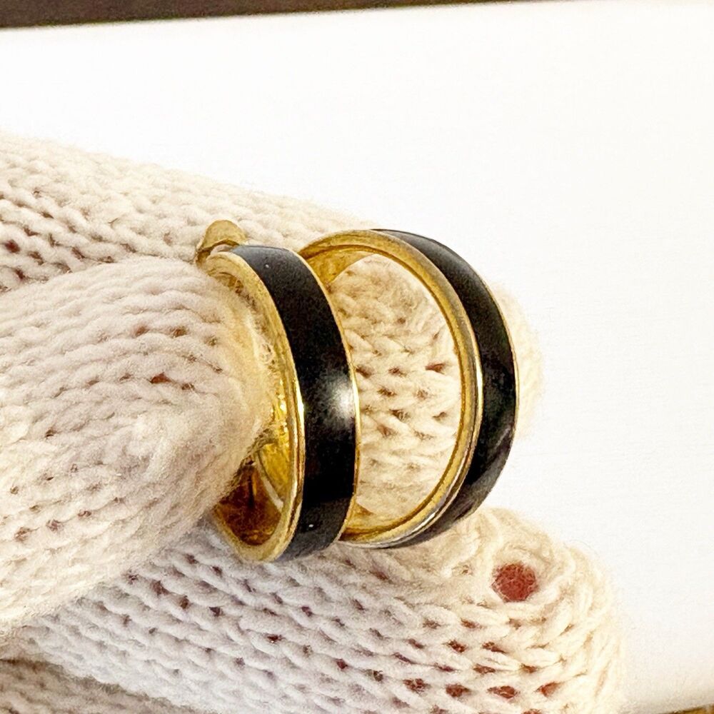 MONET Pierced Earrings Hoops Black Enamel Gold Tone Vintage Estate